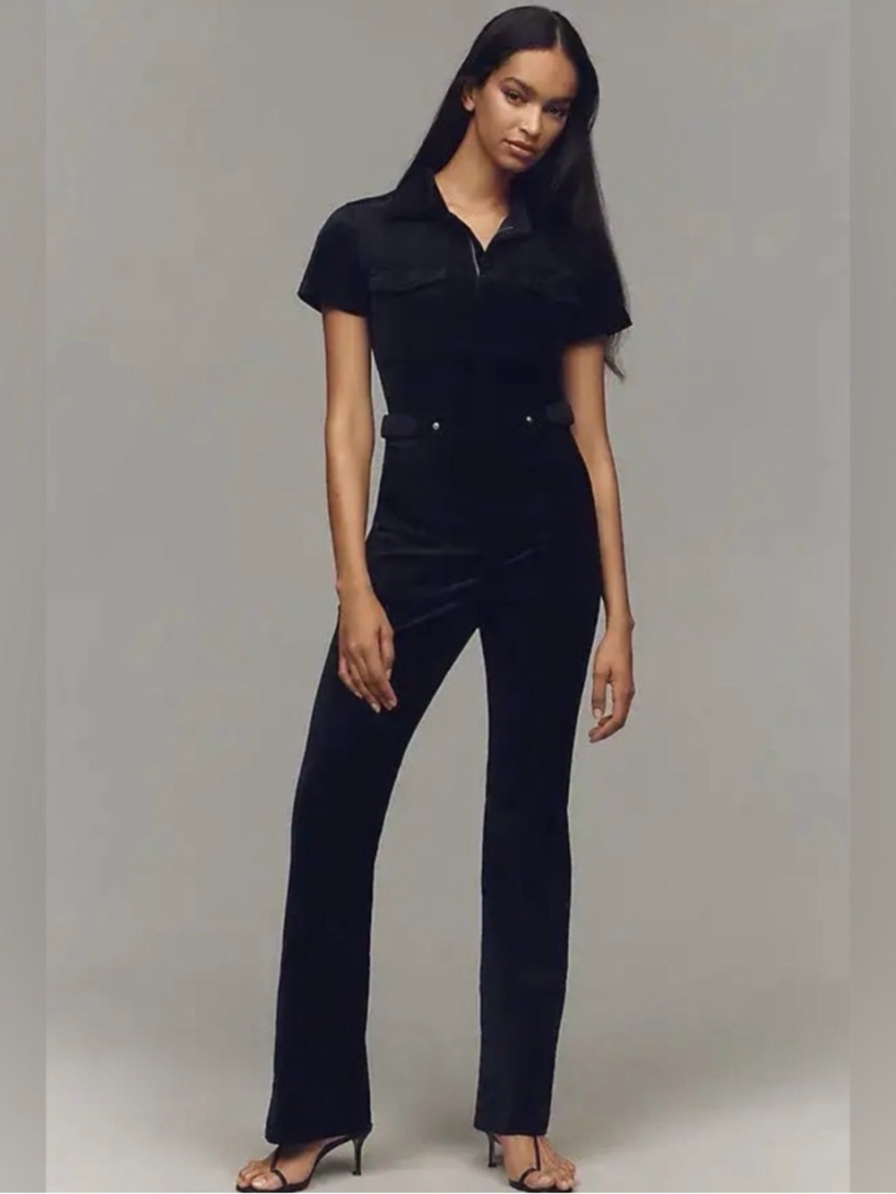 Good American Black Short-Sleeve Velvet Jumpsuit